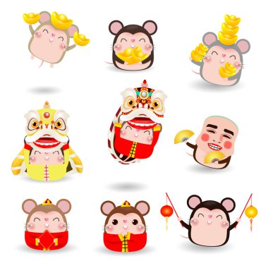 Sevimli küçük çizgi film sıçanseti, Mutlu Çin yeni yıl 2020 sıçan zodyak beyaz arka plan Vektör illüstrasyon izole