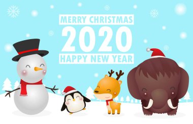 Mutlu Noeller ve Mutlu Yıllar. Noel Sevimli Hayvanlar Karakter. mamut, Penguen, Geyik, Kardan Adam, Kış manzara. Reklam broşürü için şablon, metin, vektör İllüstrasyon