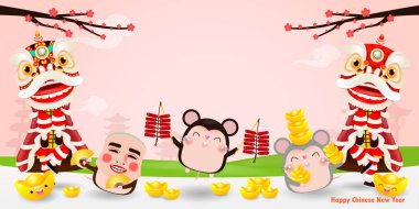 Mutlu Çin yeni yıl 2020 sıçan ile sıçan zodyak poster tasarımı, havai fişek ve gülümseme maskesi ile aslan dans adam. arka planda yalıtılmış tebrik kartı,