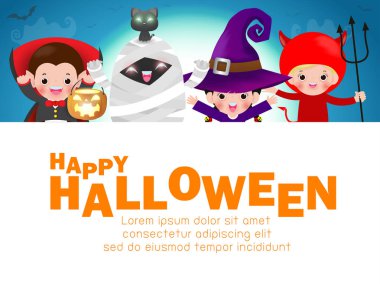 Mutlu Cadılar Bayramı Çocuk Kostüm Partisi. Cadılar Bayramı cosplay büyük tabela ile çocuk grubu. Reklam broşürü için şablon. poster ve tema tasarımı arka plan Vektör İllüstrasyon
