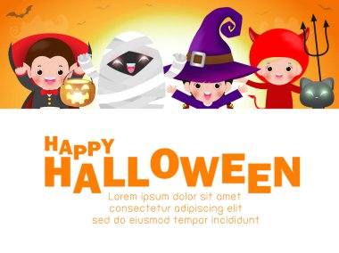 Mutlu Cadılar Bayramı Çocuk Kostüm Partisi. Cadılar Bayramı cosplay büyük tabela ile çocuk grubu. Reklam broşürü için şablon. poster ve tema tasarımı arka plan Vektör İllüstrasyon