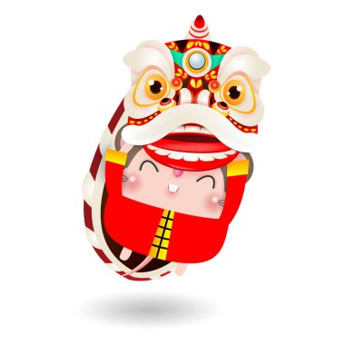 Küçük sıçan Aslan Dansı gerçekleştirir, Mutlu Çin yeni yıl 2020 sıçan zodyak yıl, Karikatür vektör illüstrasyon beyaz arka plan üzerinde izole.