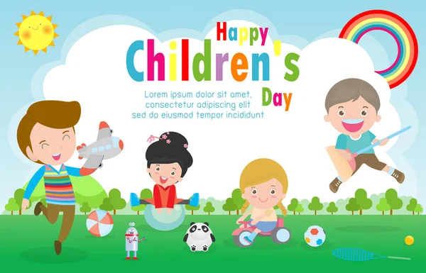 Happy Children Day Poster Fond Avec Illustration Vectorielle Enfants Heureux — Image vectorielle