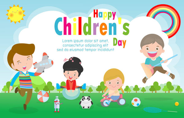 Happy children's day background poster with happy kids vector illustration