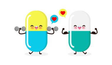 Dambıllarla egzersiz yapan sevimli mutluluk ilacı ve güçlü hap şovu kasları. Koronavirüse karşı koruma (2019-nCoV) veya COVID-19 ve beyaz arka planda izole edilmiş Bakteri Sağlıklı yaşam tarzı