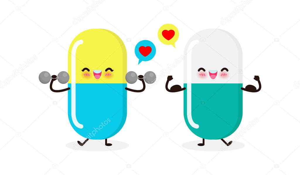Cute happy medicine doing exercises with dumbbells and strong pill show muscle. Protection Against coronavirus (2019-nCoV) or COVID-19 and Bacteria Healthy lifestyle isolated on white background