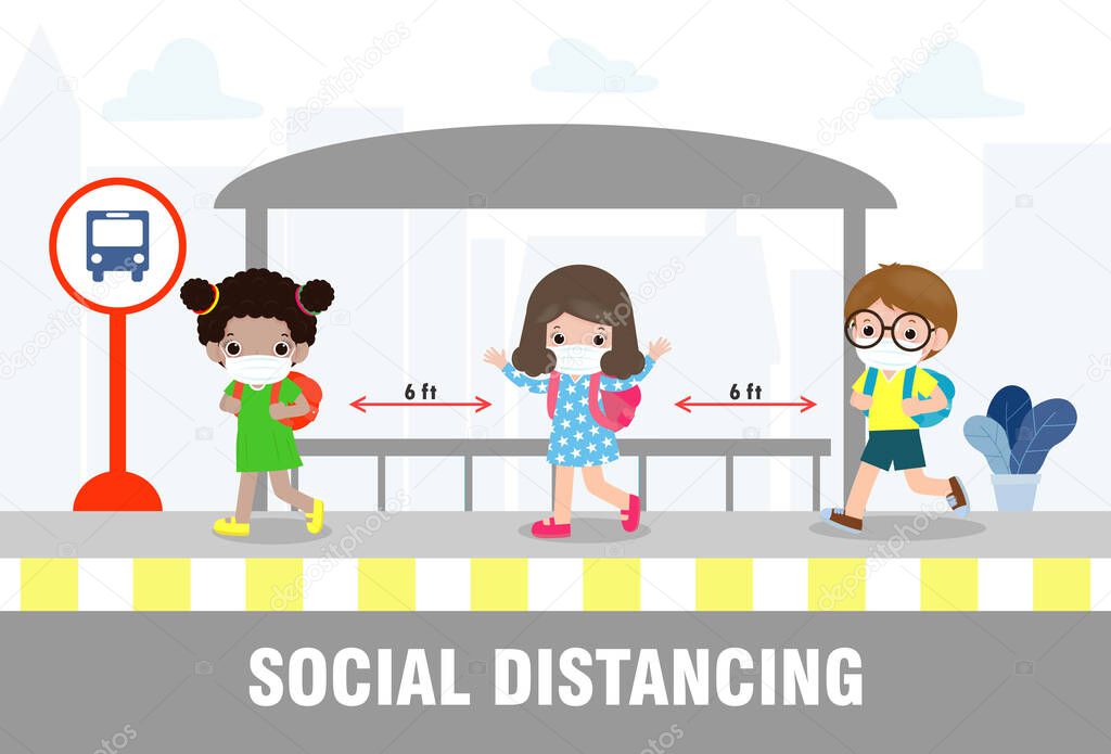 Social distancing concept, Back to school, happy cute diverse Kids and Different nationalities wearing medical masks at the bus stop during Coronavirus or covid-19. outbreak new normal lifestyle.