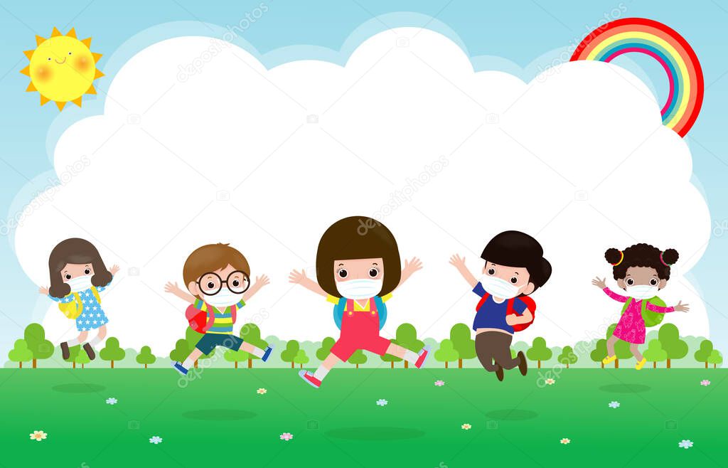 Back To School For New Normal Lifestyle Concept Happy Kids Wearing Face Mask And Social Distancing Protect Coronavirus Covid 19 Group Of Happy Kids Jumping On Meadow At School Isolated On