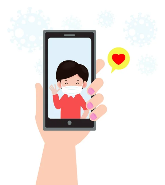 コロナウイルス2019 NcovまたはCovid 19スマートフォンで通信する人々のビデオ会議 スマートフォンを保持するカップルの手ビデオ通話 背景に隔離された長距離関係の概念 — ストックベクタ