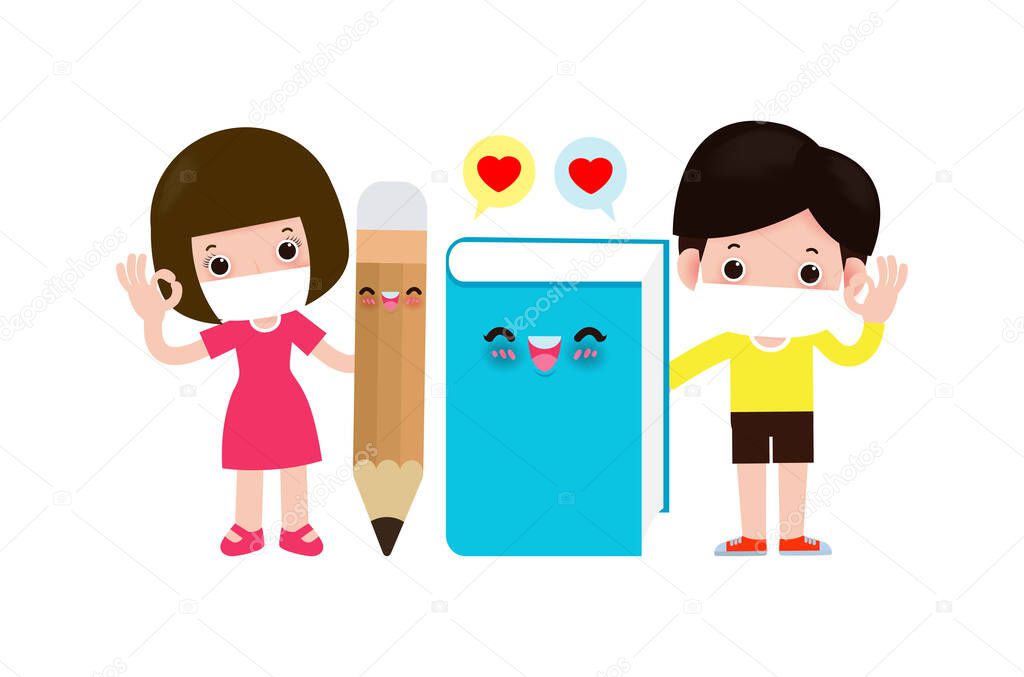 Back To School For New Normal Lifestyle Concept Book And Pencil Mascot And Happy Cute Kids Wearing Face Mask Protect Coronavirus 19 Ncov Or Covid 19 Group Of Children And Friends Go To Back To School For New Normal Lifestyle Concept Book And Pencil Mascot And Happy Cute Kids Wearing Face Mask Protect Coronavirus 19 Ncov Or Covid 19 Group Of Children And Friends Go To