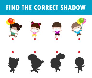 Çocuklar için Gölge Eşleştirme Oyunu, çocuklar için görsel oyun. Noktaları birleştirin, yüz maskesi takan mutlu çocuklar Coronavirus Coperid 19 'u koruyun, eğitim arka planda izole edilmiş Vektör Resimleri.
