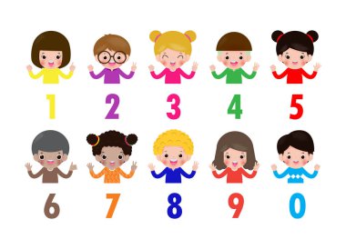 Mutlu çocuklar 0-2-3-5-6-8-9 rakamlarını parmaklarıyla gösteriyorlar. Eğitim konsepti, sevimli çocuklar materyal vektör çizimi öğreniyor