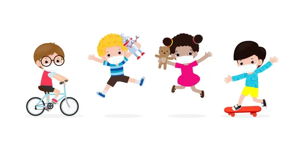 Nuevo Concepto Estilo Vida Normal Feliz Grupo Niños Con Mascarilla — Vector de stock