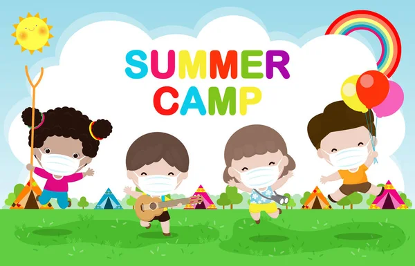 아이들은 여름에 새로운 일상적 방식에 캠프를 합니다 광고나 포스터를 템플릿 — 스톡 벡터