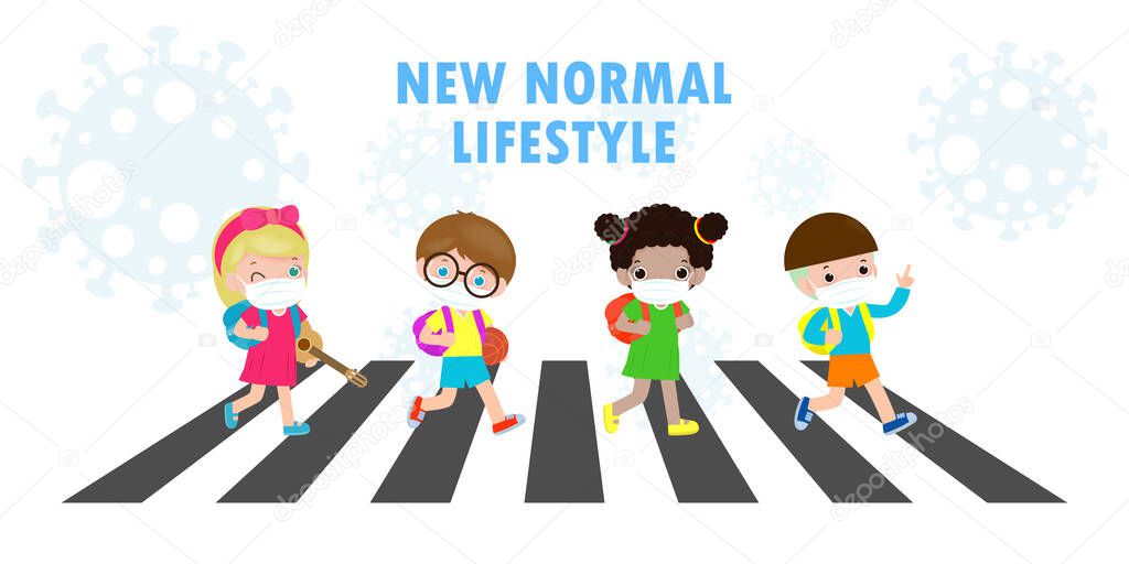 new normal lifestyle concept Back to school happy cute diverse Kids  across the crosswalk and Students of Different nationalities wearing medical masks during Coronavirus or covid-19 Social distancing