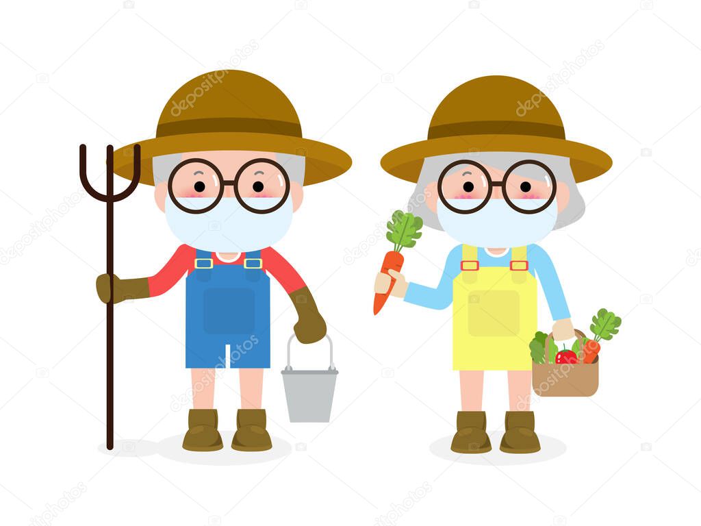 new normal lifestyle concept. Happy farmers senior couple wearing face mask protect coronavirus covid-19, old man and old woman farming, Elderly isolated on white background vector illustration