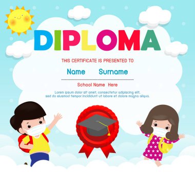 Sertifikalar anaokulu ve ilköğretim, okul öncesi çocuk diploması tasarım şablonu, Coronavirüs 2019 nCoV veya covid-19, vektör illüstrasyonunu önlemek için yüz maskesi takan sevimli çocuklar.
