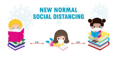 Yeni normal yaşam tarzı konsepti, Sosyal Mesafe, kitap okuyan ve Coronavirus 2019 nCoV veya beyaz arka planda izole edilmiş covid-19 'u önlemek için maske takan sevimli çocuklar için okula dönüyorum.