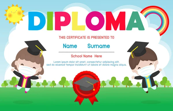 Certificaten Kleuterschool Basisschool Kleuterschool Kids Diploma Certificaat Achtergrond Ontwerp Template — Stockvector