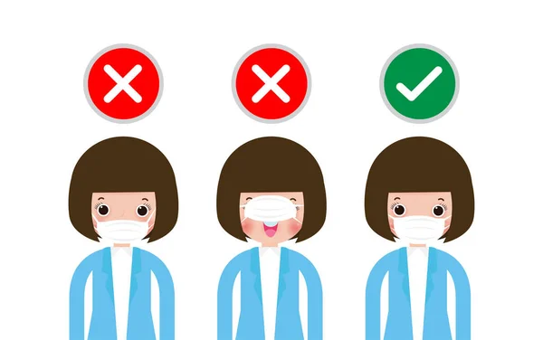 Cómo Usar Las Máscaras Faciales Correctas Las Equivocadas Tres Mujeres — Vector de stock