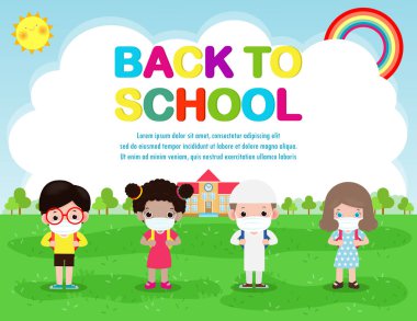 Yeni normal yaşam tarzı konsepti için okula dönüyorum. Mutlu grup çeşitliliği ve farklı milletler yüz maskesi takıyor. Coronavirüs covid-19 'u koruyor. Poster arka plan vektörü illüstrasyonu..