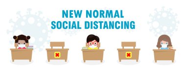 Sınıfta yeni normal yaşam tarzı afiş sosyal mesafesi için okula dönüş. Koronavirüs 2019 nCov.küçük oğlan ve maske takan bir kızın masa vektöründe oturduğu bilgisini önleme ipuçları.