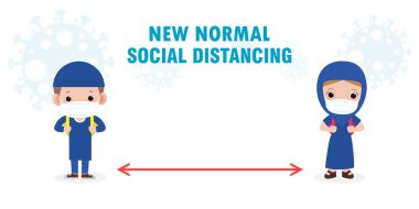 Yeni normal yaşam tarzı konsepti, Sosyal Mesafe, Çocuklar Arap ve Müslümanlar Coronavirüs veya beyaz arka planda izole edilmiş covid 19 için cerrahi koruyucu tıbbi maske takıyorlar.