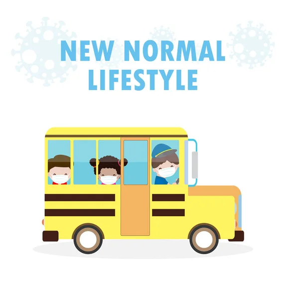 Back School New Normal Lifestyle Concept Happy Cute Kids Wearing — Stock Vector