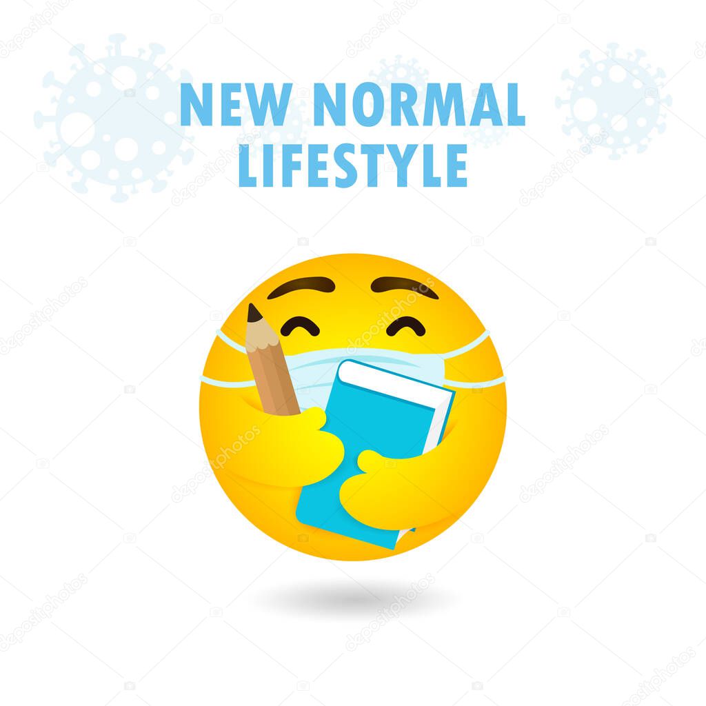 Back to school for new normal lifestyle concept. emoji emoticon wearing face mask hugging pencil and treatise, protect coronavirus 2019 nCoV or covid-19, Yellow cartoon emotion vector illustration