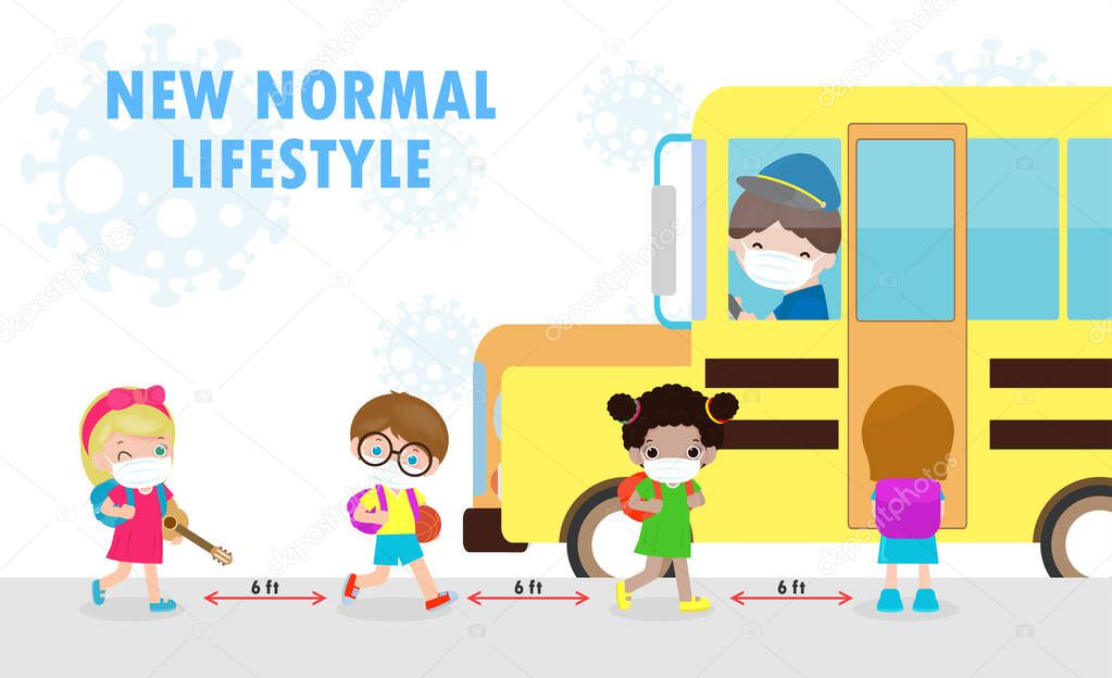new normal lifestyle concept Back to school, happy cute diverse Kids and Different nationalities wearing medical masks at the bus stop during Coronavirus or covid-19. Social distancing, outbreak