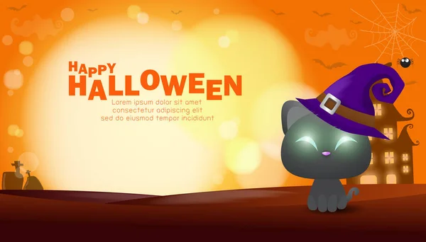 Gelukkige Halloween Poster Zwarte Kat Onder Het Maanlicht Halloween Banner — Stockvector