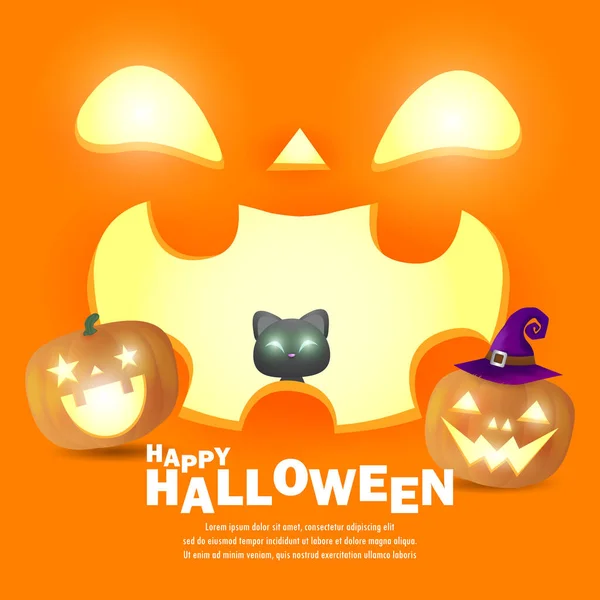 Feliz Halloween Poster Party Parche Calabaza Gato Negro Luz Luna — Vector de stock