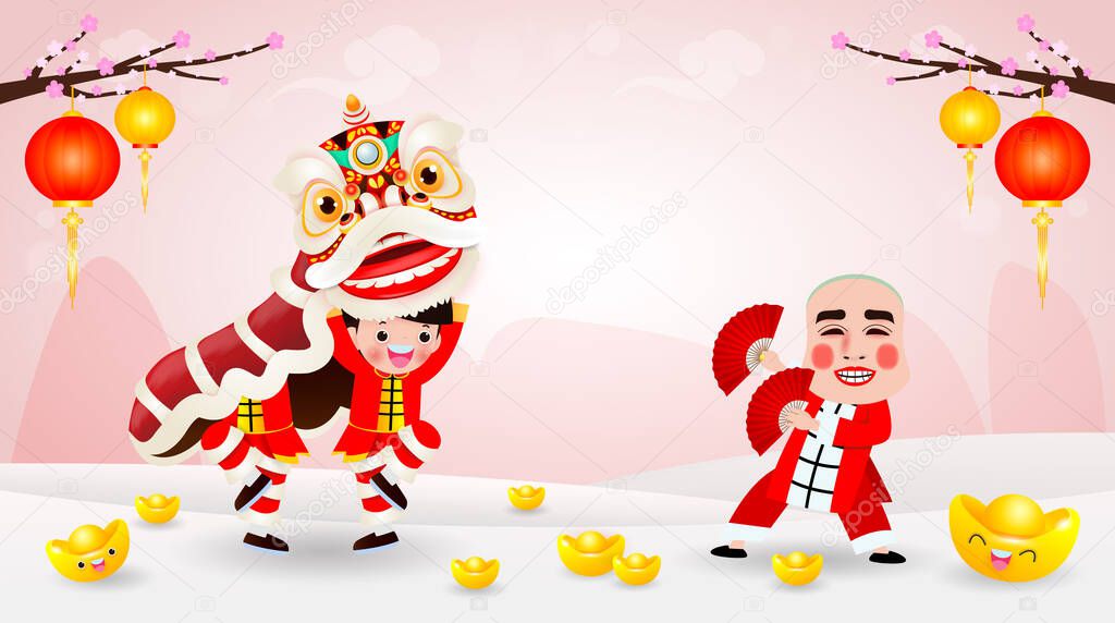 Happy Chinese new year 2021 poster design, firecracker and lion dance and man with smile mask. greeting card red color isolated on Background, Translation: Happy New Year. 