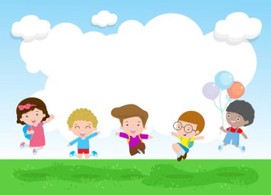 Okula geri döndüm. Parkta zıplayan ve dans eden mutlu çocuklar, çocuk aktiviteleri, okul bahçesinde oynayan çocuklar, reklam broşürleri için şablon, çizgi film karakteri Vector Illustration.