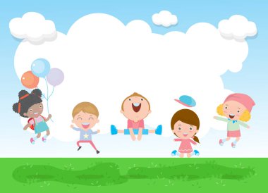 Okula geri döndüm. Parkta zıplayan ve dans eden mutlu çocuklar, çocuk aktiviteleri, okul bahçesinde oynayan çocuklar, reklam broşürleri için şablon, çizgi film karakteri Vector Illustration.