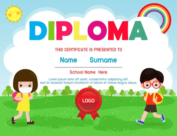 Certificates Kindergarten Elementary Preschool Kids Diploma Certificate Background Design Template — Stock Vector