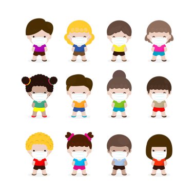 Yeni normal yaşam tarzı konsepti, Coronavirus 2019-nCoV veya Covid-19 hastalık önleme konsepti. Beyaz arka plan vektör çizimine izole edilmiş yüz maskesi takan bir grup sevimli çocuk ve kız çocuğu ile birlikte.