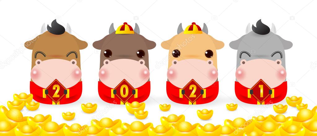 Four Little Ox Holding A Signs With Chinese Gold Happy New Year 21 Year Of The Rat Zodiac Cartoon Cute Cow Vector Illustration Isolated On White Background Translation Wish You Wealth Four Little Ox Holding A Signs With Chinese Gold Happy New Year 21 Year Of The Rat Zodiac Cartoon Cute Cow Vector Illustration Isolated On White Background Translation Wish You Wealth