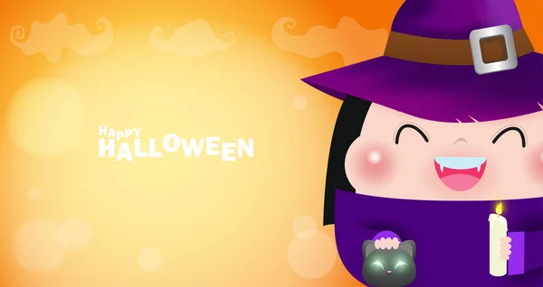 Šťastný Halloween Plakát Roztomilý Malý Čarodějnice Černá Kočka Měsíčním Světle — Stockový vektor