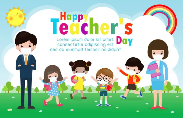Happy Teacher Day Poster Für Ein Neues Normales Lebensstilkonzept Glückliche — Stockvektor