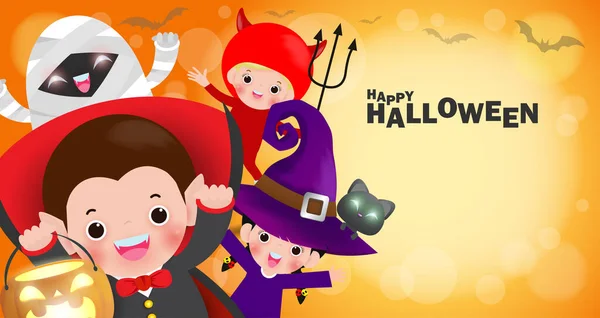 Happy Halloween Kids Costume Party Banner Grupo Niños Cosplay Halloween — Vector de stock