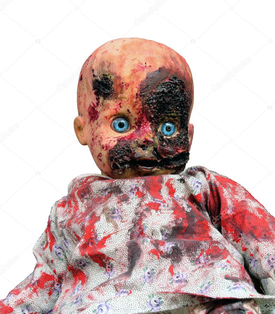 Creepy bloody doll Halloween concept, Close up of children Ghost mystic doll, Scary horror doll face isolated on white background.