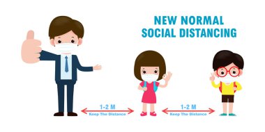 Yeni normal yaşam tarzı konsepti için okula dönüyorum. Yüzü maskeli ve sosyal mesafeli mutlu çocuklar Coronavirüs 'ü koruyorlar. 19 yaşında, çocuklar ve arkadaşları okula yalnız gidiyorlar.