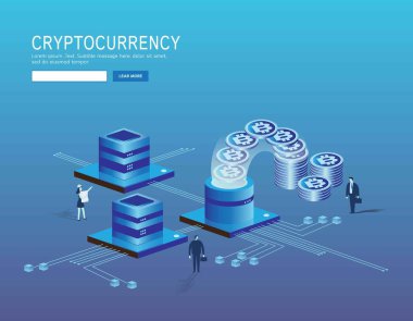Bitcoin, kripto para birimi ve engelleme teknolojisi, Banner Landing sayfası konsepti. Web sayfası 3D izometrik. İş vektörü çizimi konsepti. başlık web sitesi düz tasarımı Eps10