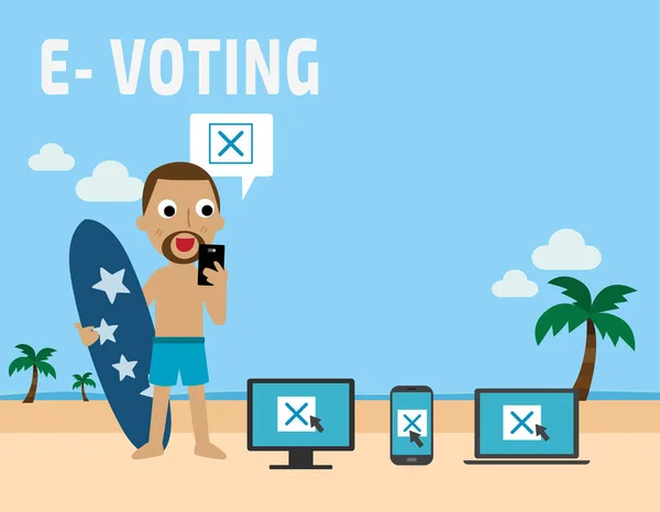 Voting People Standing Beach Flat Vector Illustration Concept People Using — Stock Vector