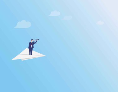 İş vizyon vektörü konsepti. Bulutların üstünde uçan bir iş adamı. Görüşün, başarının, fırsatın ve geleceğin sembolü. Vektör düz çizgi film karakter tasarımı çizimi çizimi.