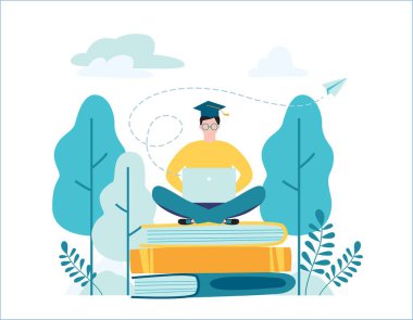 Çevrimiçi İngilizce okul vektör illüstrasyonu. Dil kursları konsept. Erkek öğrenci kitapların üzerinde oturuyor ve etrafı yeşilliklerle çevrili. Web afiş arkaplanı için düz çizgi film karakter tasarımı