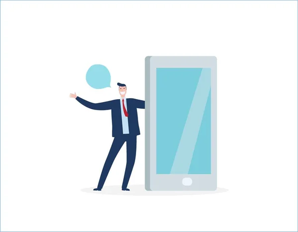 ビジネスマンは大きなスマートフォンの横に空白の画面で話している ビジネスコミュニケーションの概念 ベクトル人フラットデザインイラスト隔離された背景 — ストックベクタ