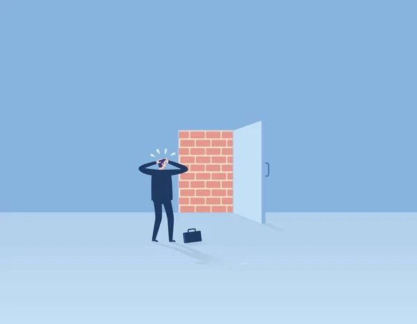 Ziegelmauer Versperrt Die Bürotür Geschäftsmann Steht Trostlos Widrigkeiten Hindernisse Kein — Stockvektor