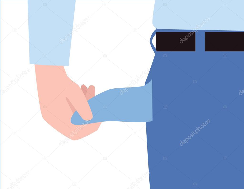 Businessman pulling out his empty pocket in despair broke business concept vector people flat design illustration isolated background.